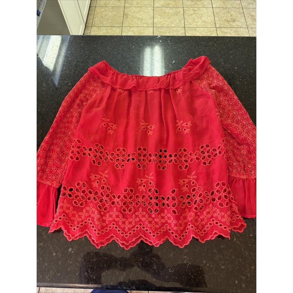 Johnny Was Red Blouse Eyelet Embroidered Elastic Sleeve Ruffled S Off Shoulder - Picture 7 of 10